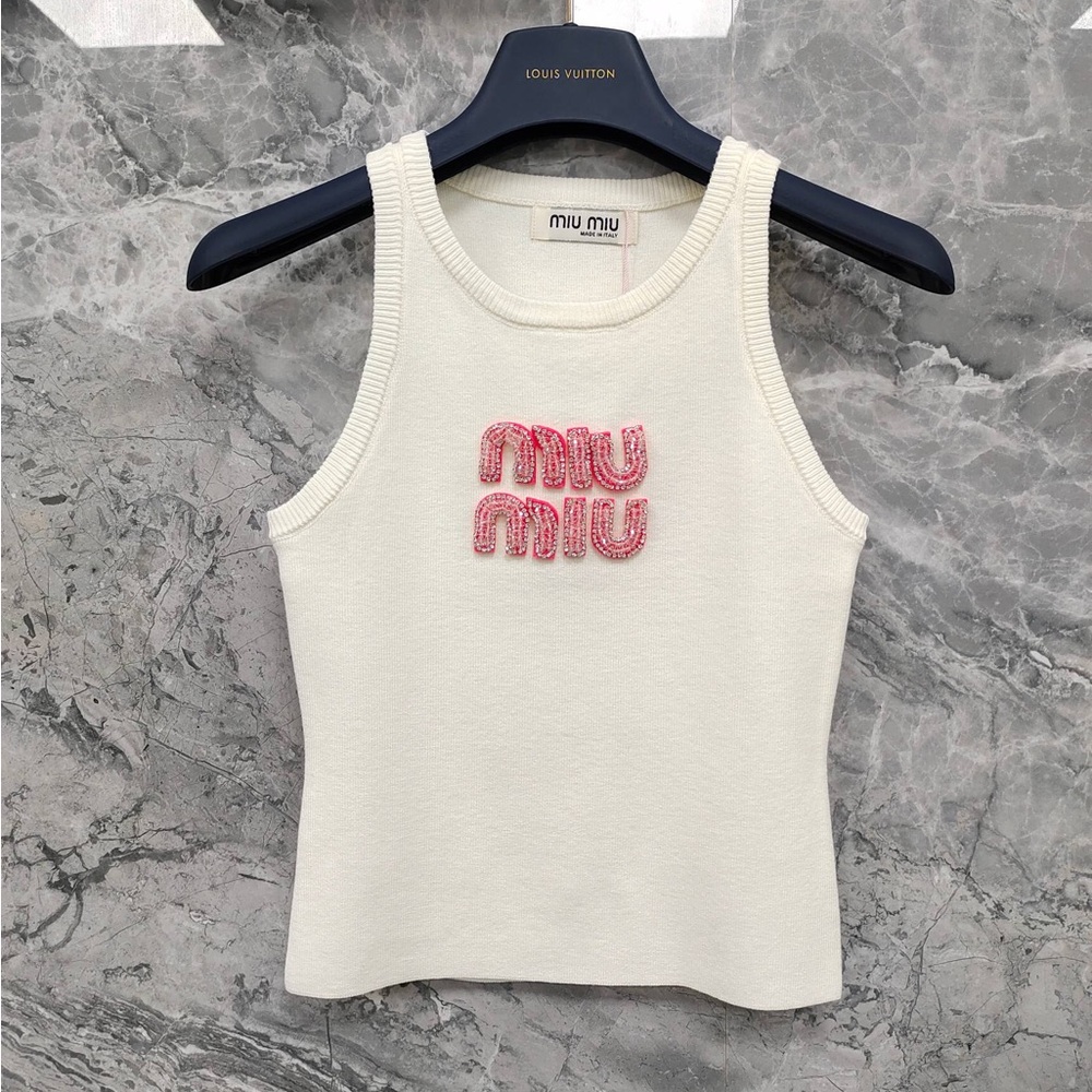 Miu Miu Cream Knit Tank with Pink Embroidered Logo